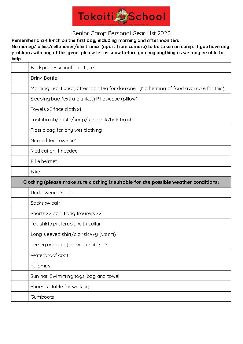 Year 4-6 Camp List | Tokoiti School